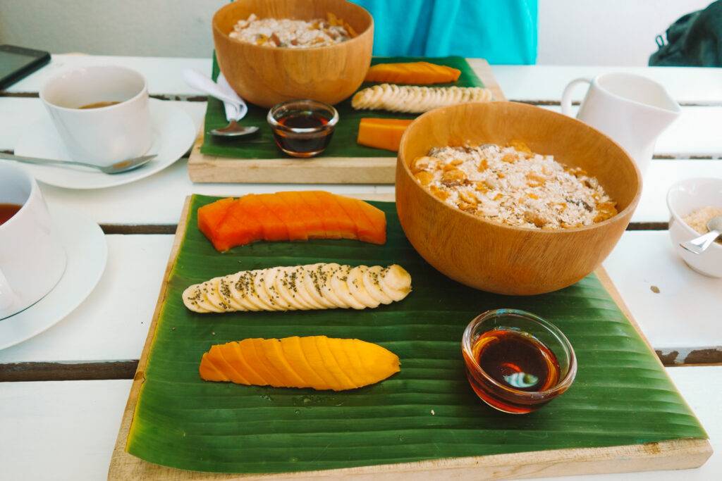 Sri Lankan breakfast with fruits and buffalo milk yogurt