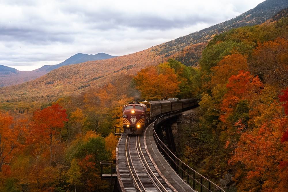 Scenic train ride in New Hampshire during fall