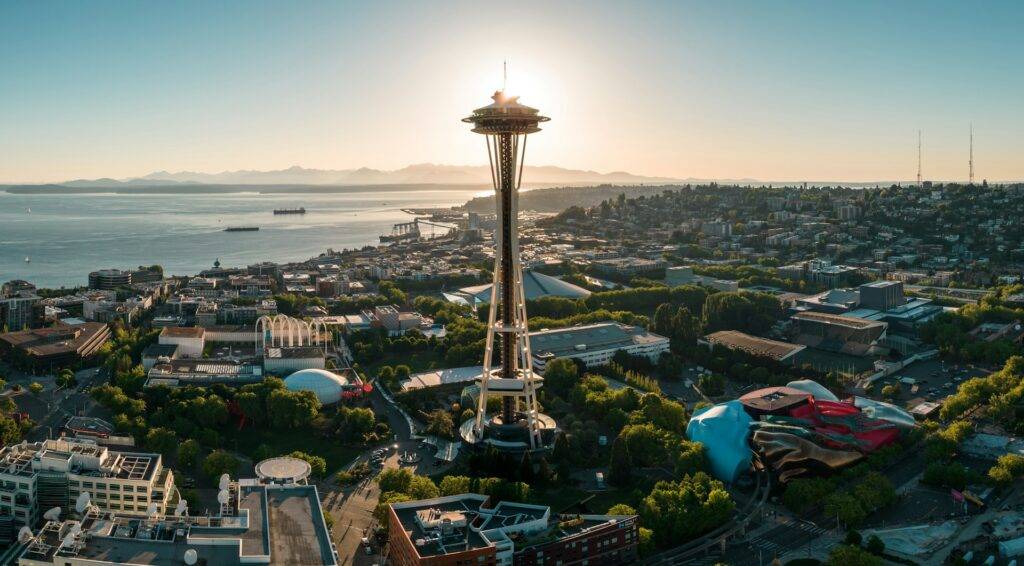 Seattle Space Needle against Elliot Bay